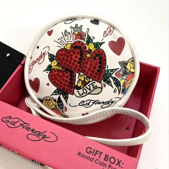 Ed Hardy 2pc Coin Purse Wristlet Set Heart Rhinestone  Tattoo Black White NWT - Picture 5 of 6